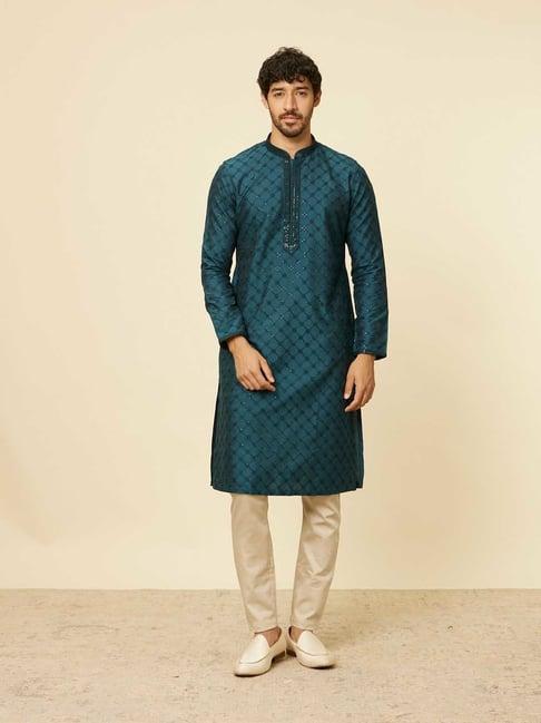 manyavar dark teal & beige regular fit embroided kurta & pyjama set