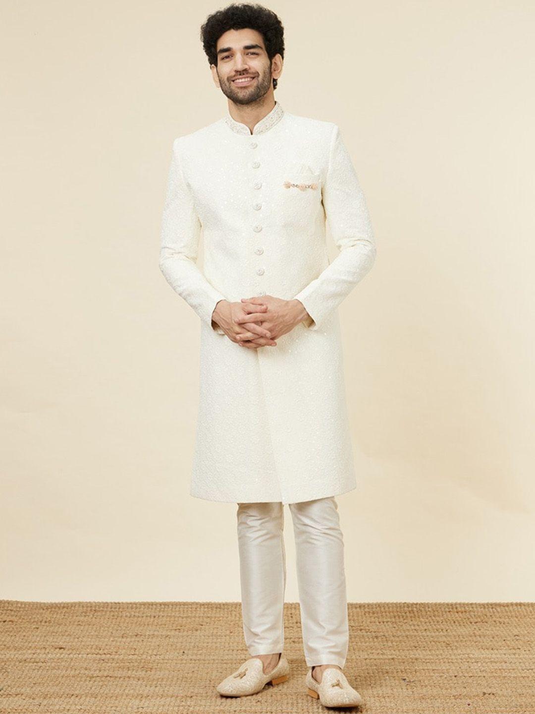 manyavar embroidered georgette indo western sherwani