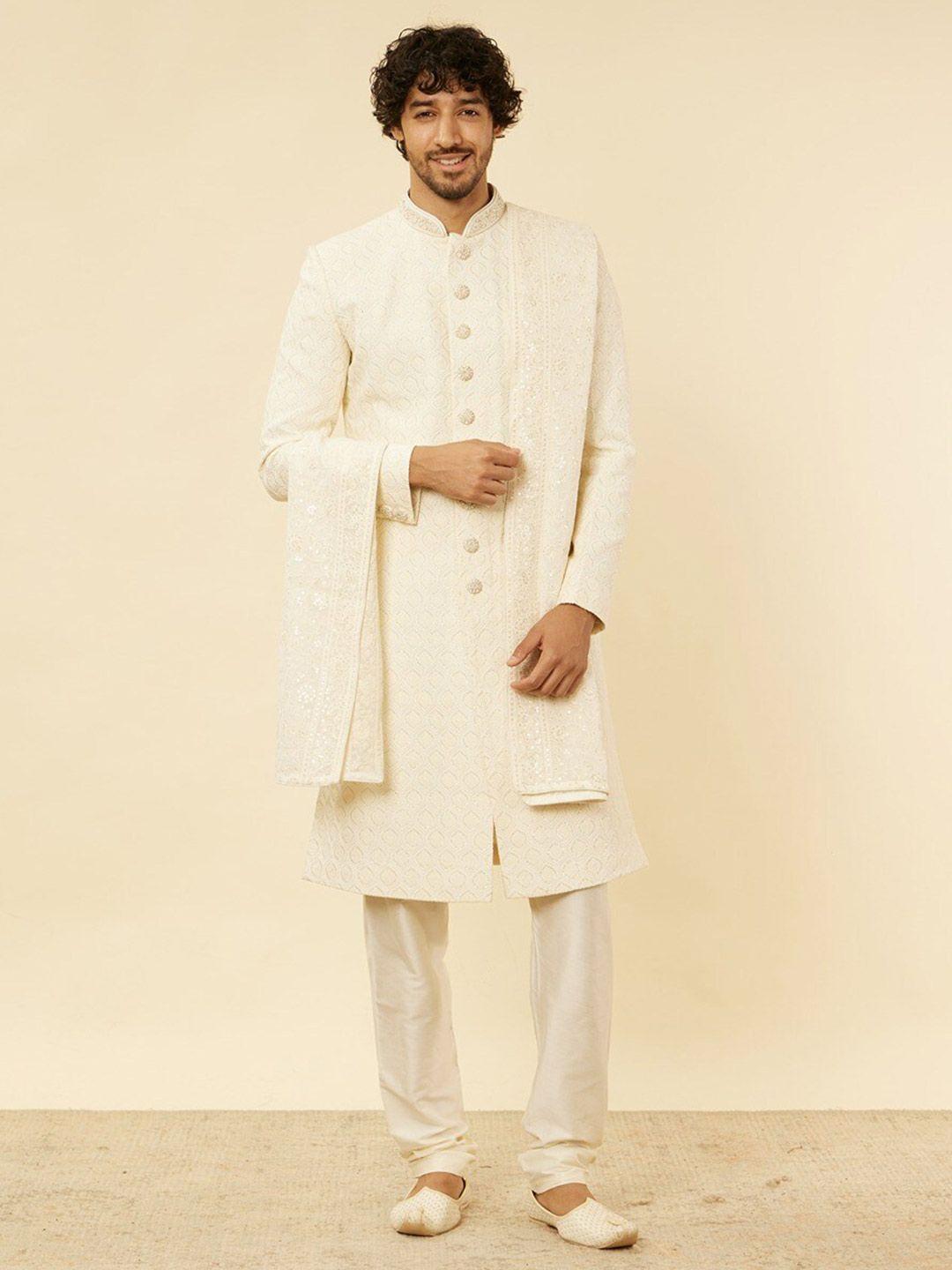 manyavar embroidered georgette sherwani with pyjamas and dupatta