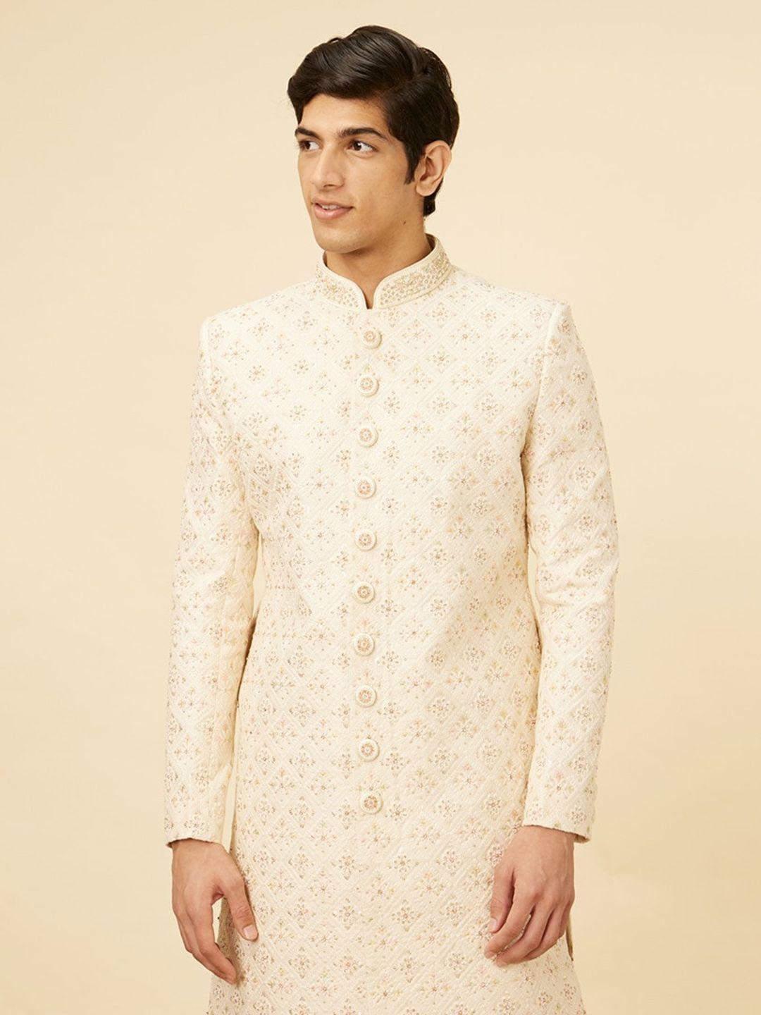 manyavar embroidered mandarin collar long sleeve sherwani set