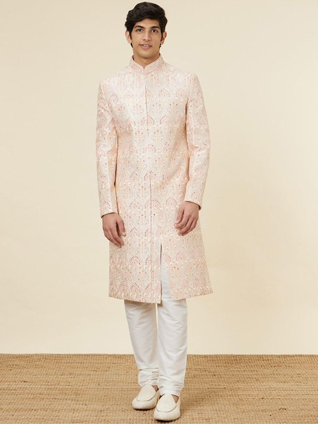 manyavar embroidered mirror work detail indo western sherwani set