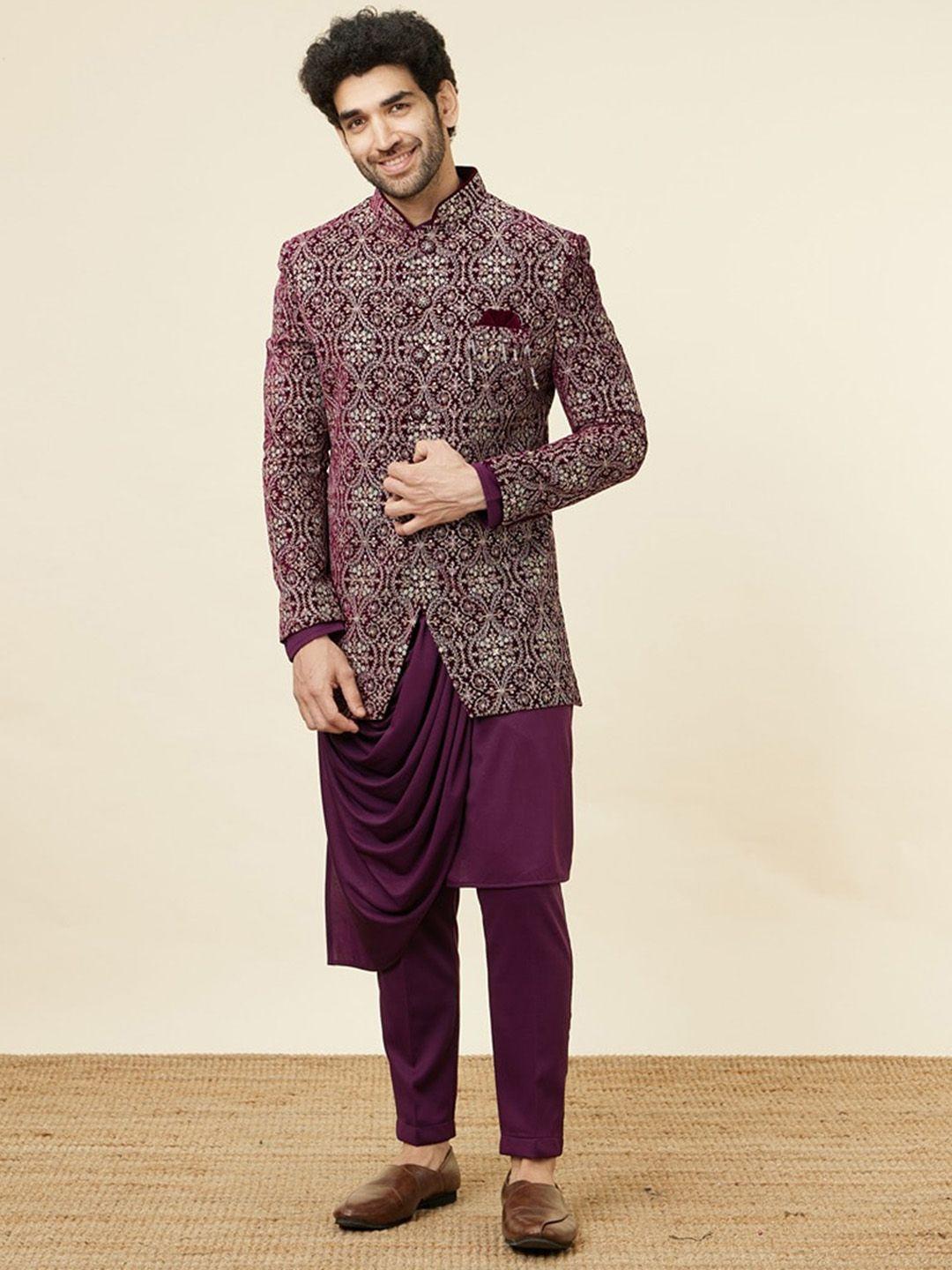 manyavar embroidered velvet indo western sherwani