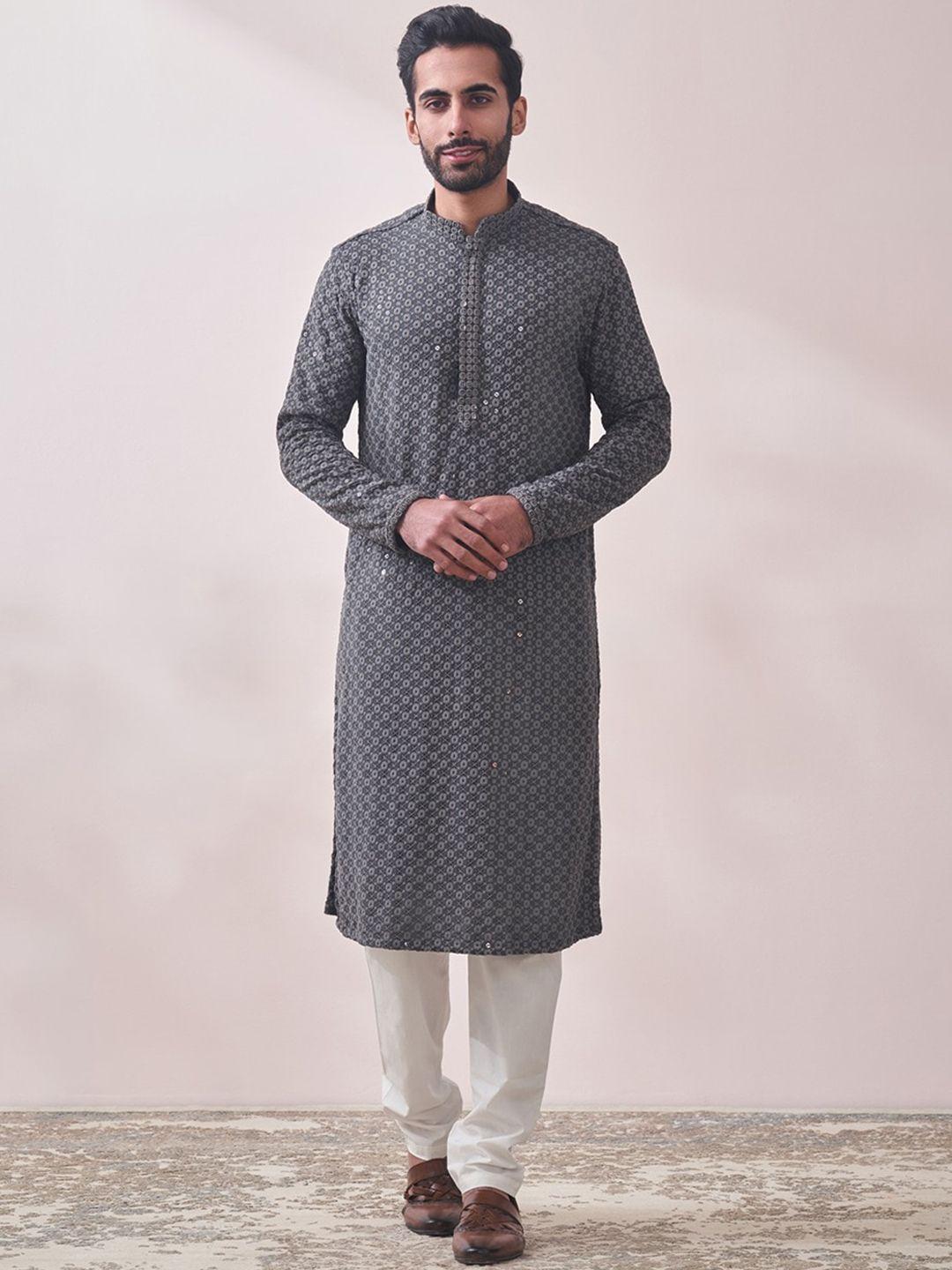 manyavar ethnic motifs embroidered mandarin collar long sleeves thread work straight kurta