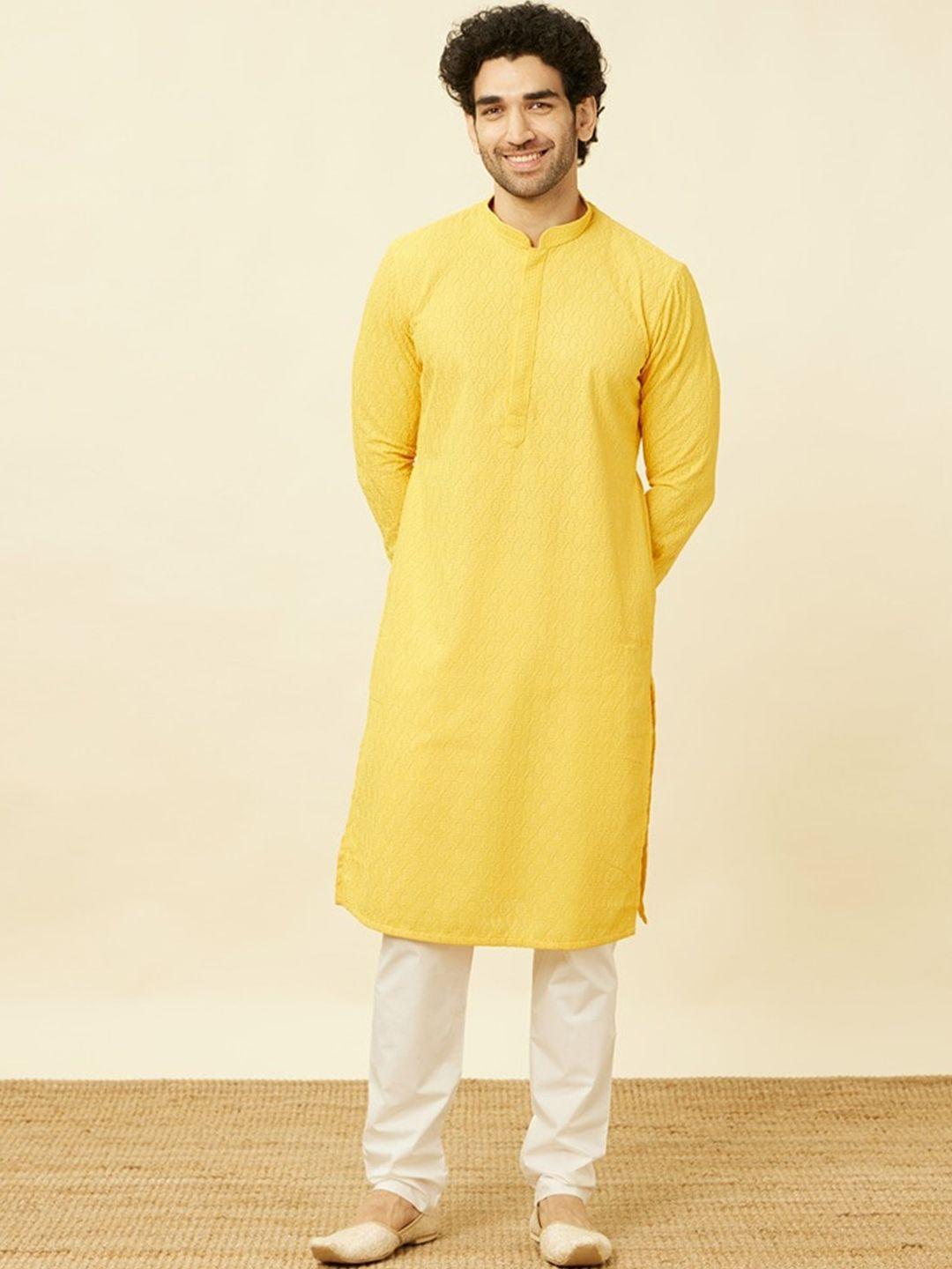 manyavar ethnic motifs embroidered mandarin collar straight  kurta & pyjamas