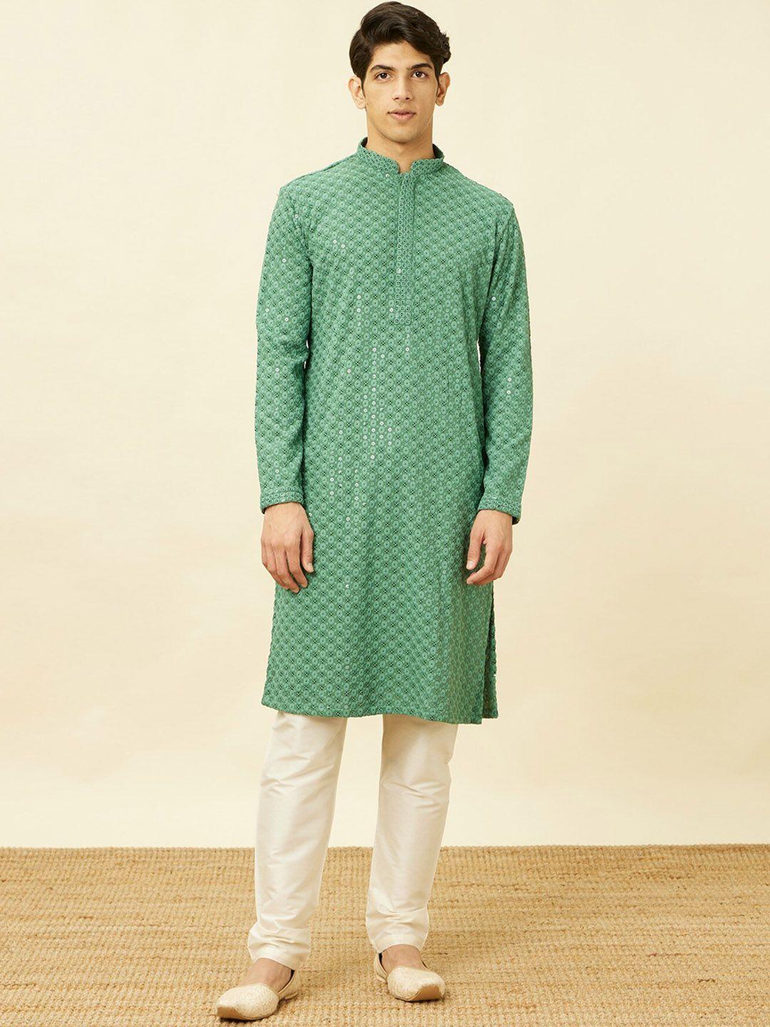 manyavar ethnic motifs embroidered thread work kurta with pyjamas