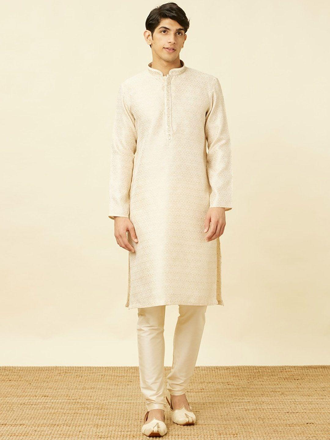 manyavar ethnic motifs printed mandarin collar thread work kurta & pyjamas