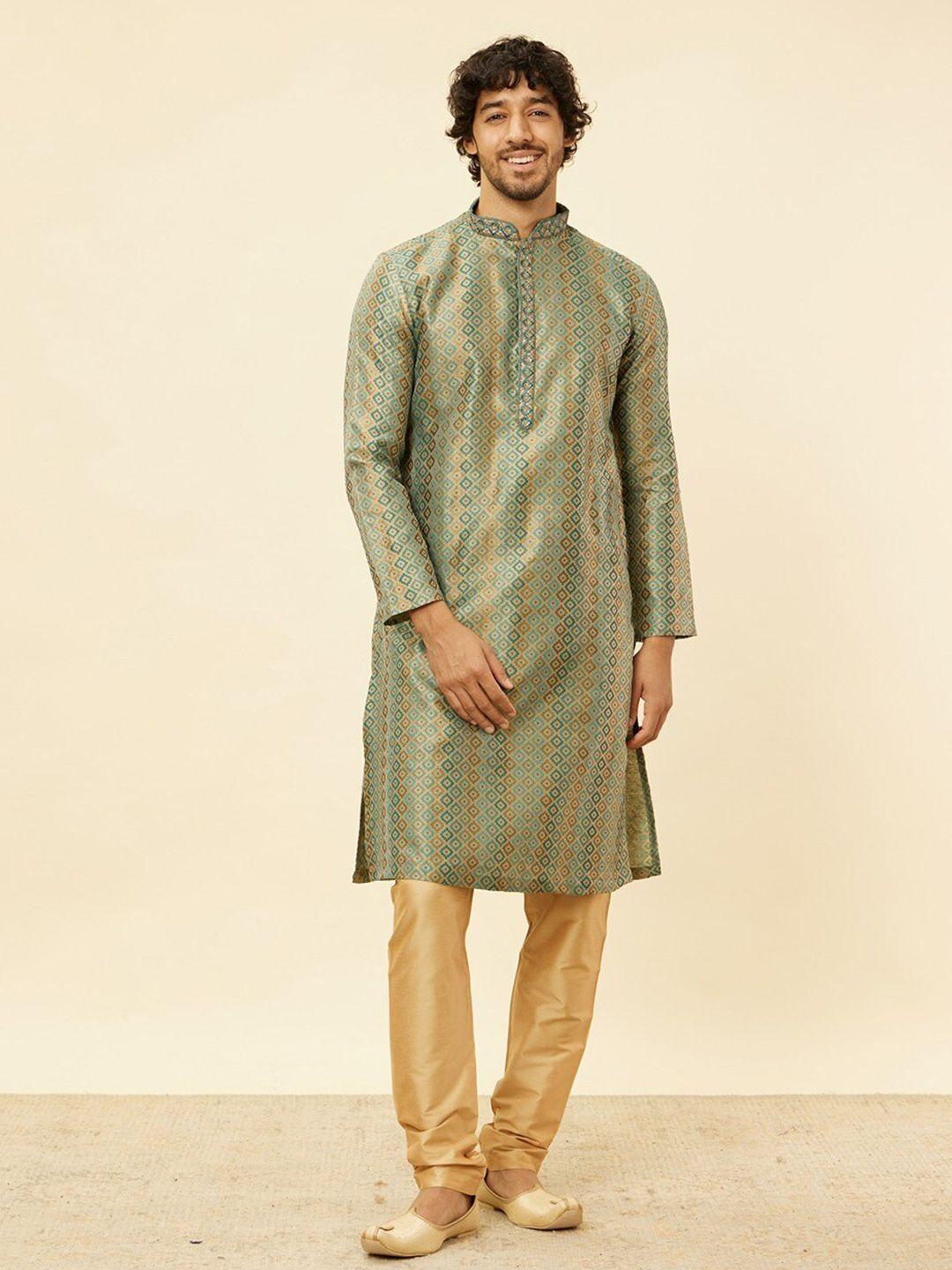 manyavar ethnic motifs woven design zari mandarin collar straight kurta with pyjamas