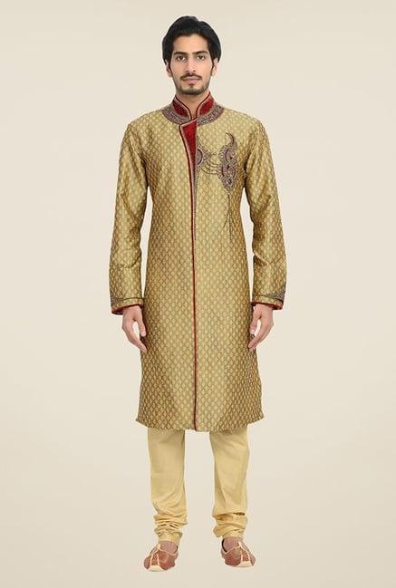 manyavar exquisite brown & beige brocade kurta & churidar set