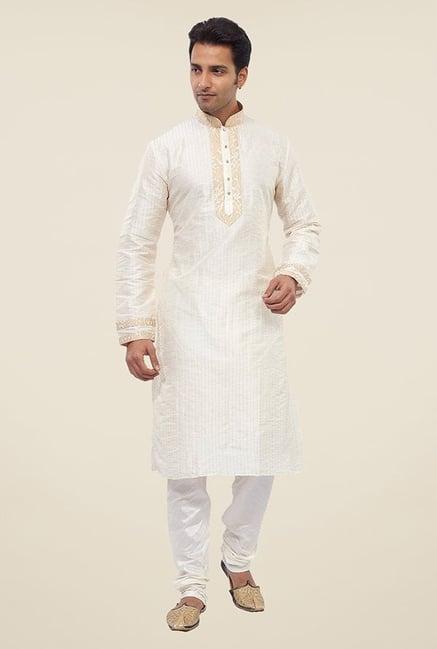 manyavar exquisite off white striped kurta & churidar set