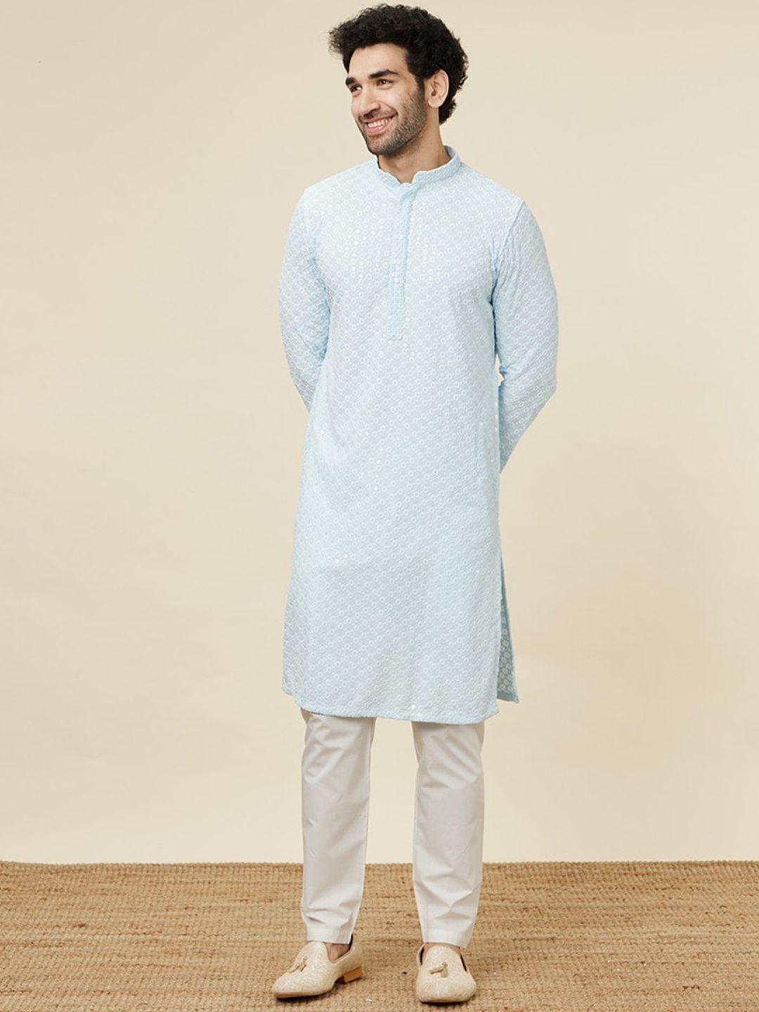 manyavar geometric embroidered regular sequinned kurta with pyjamas