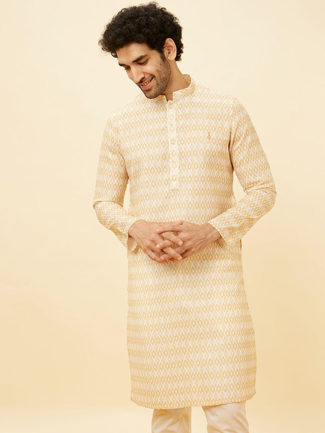 manyavar geometric printed mandarin collar pastels straight kurta with pyjamas