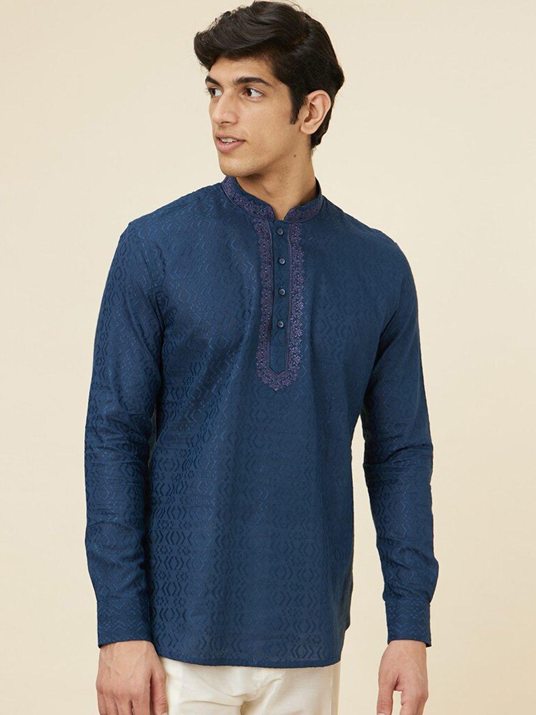 manyavar geometric woven design thread work cotton a-line short kurta