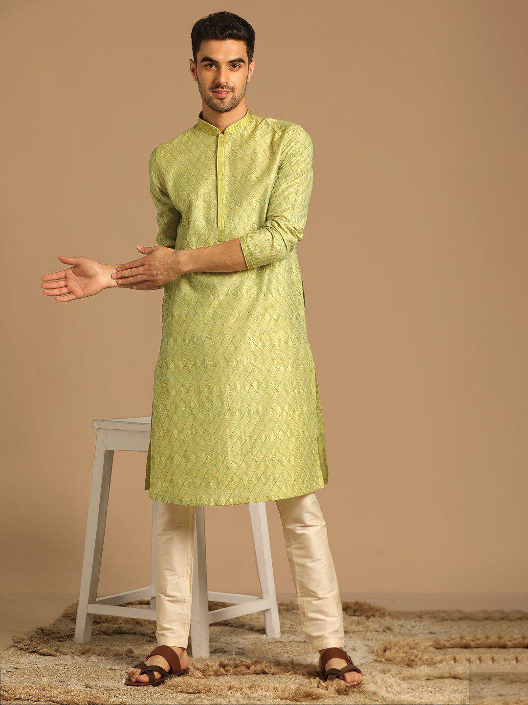 manyavar geometric woven design zari mandarin collar art silk straight kurta with pyjama