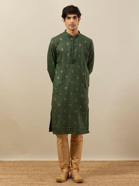 manyavar green & gold regular fit printed kurta & pyjamas set