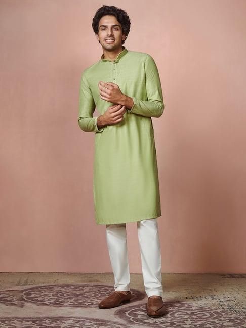 manyavar green & white kurta with pyjamas set