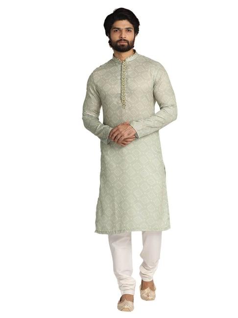 manyavar green & white printed kurta with churidar set