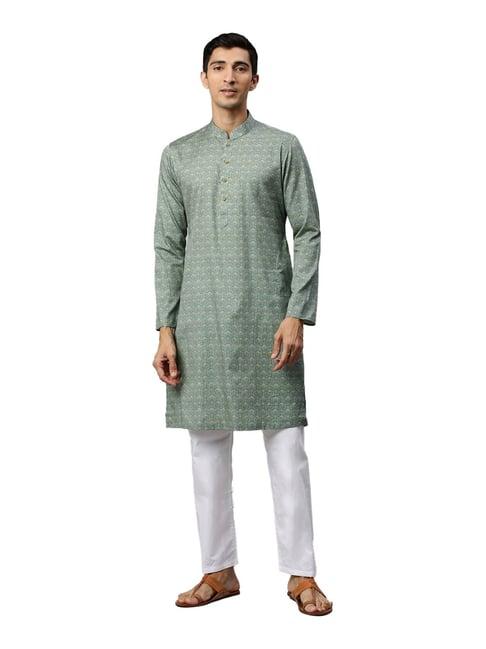 manyavar green cotton regular fit printed kurta