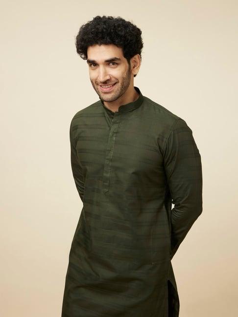 manyavar green regular fit striped kurta & pyjamas set