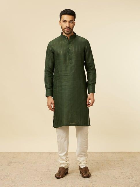 manyavar green regular fit striped kurta