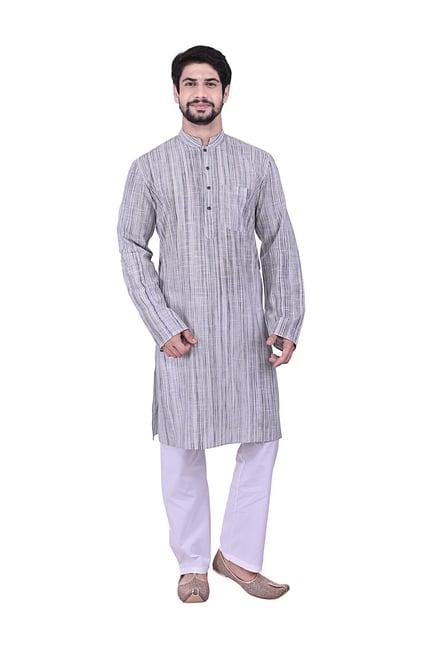 manyavar grey regular fit striped kurta