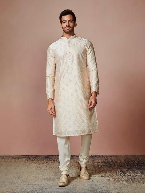 manyavar light beige & cream self design kurta with churidar set