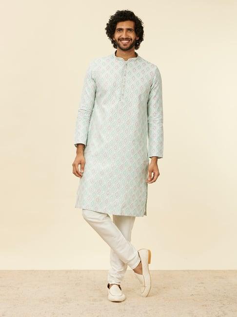 manyavar light blue & cream embroidered kurta bottom set