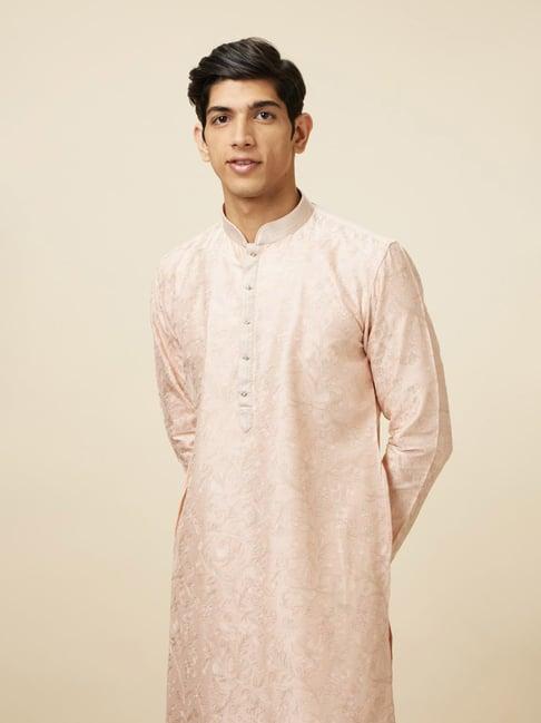 manyavar light pink regular fit embroidered kurta & pyjamas set