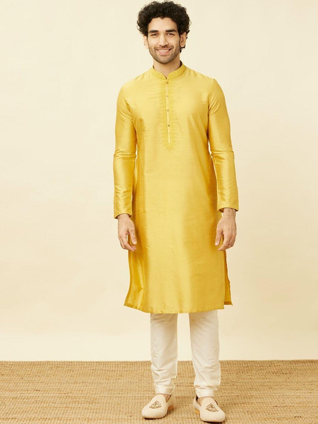 manyavar mandarin collar straight kurta with pyjamas