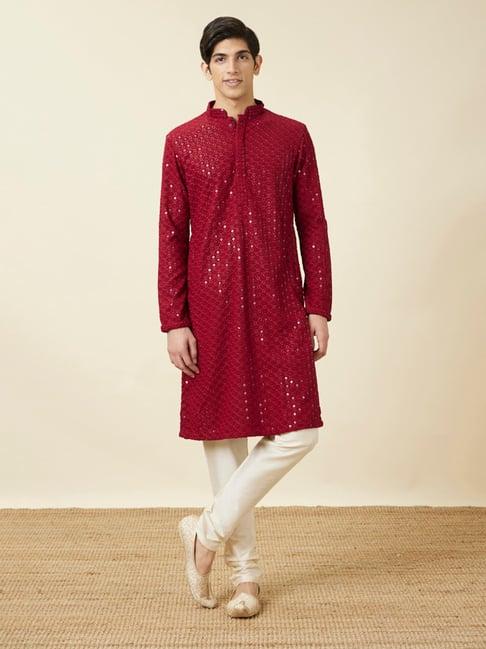 manyavar maroon & beige regular fit embroidered kurta & pyjamas set