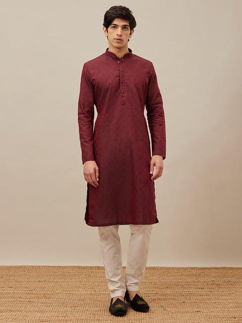 manyavar maroon & cream regular fit self design kurta & pyjamas set