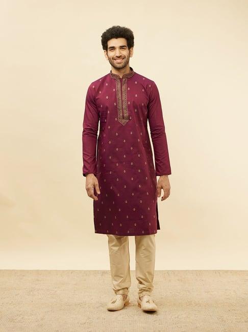 manyavar maroon & gold regular fit embroidered kurta & pyjamas set