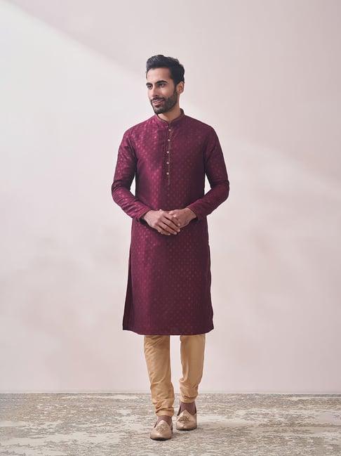 manyavar maroon regular fit printed kurta & churidar set