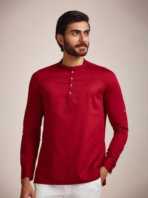 manyavar maroon regular fit striped short kurta