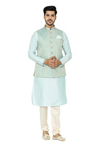 manyavar men's silk blend other kurta pyjama with waist coat (jast130_mint blue_m)