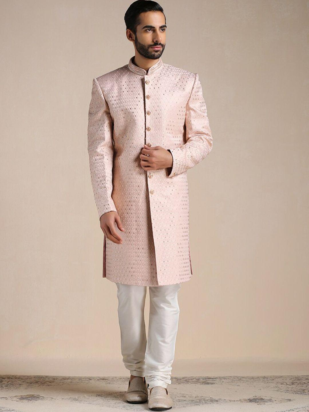 manyavar men art silk all over self design sherwani & churidar set