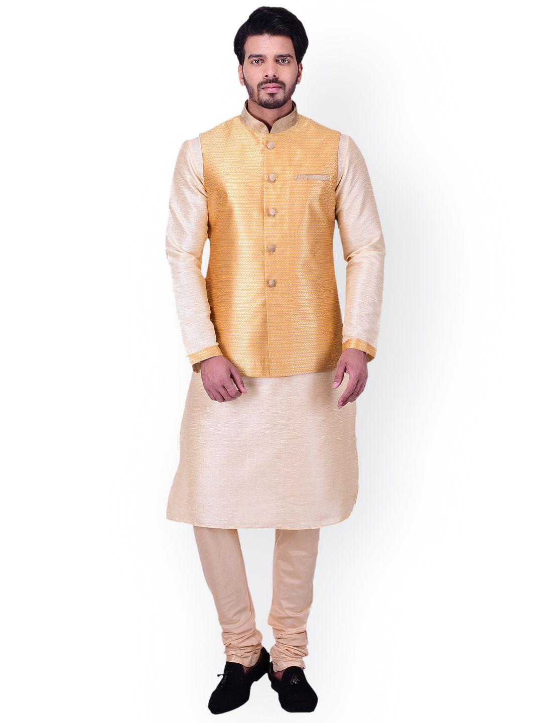 manyavar men beige & yellow solid kurta with churidar