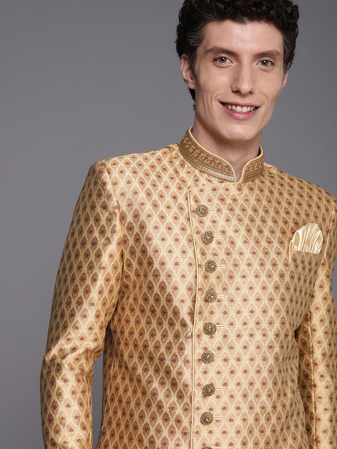 manyavar men beige art silk printed sherwani and churidar