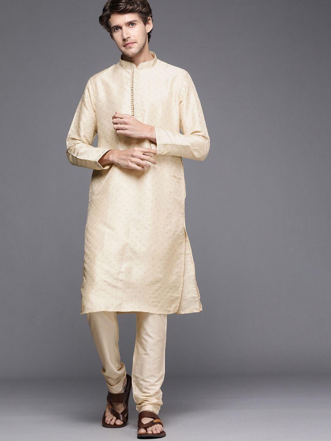 manyavar men beige ethnic motifs printed kurta with churidar