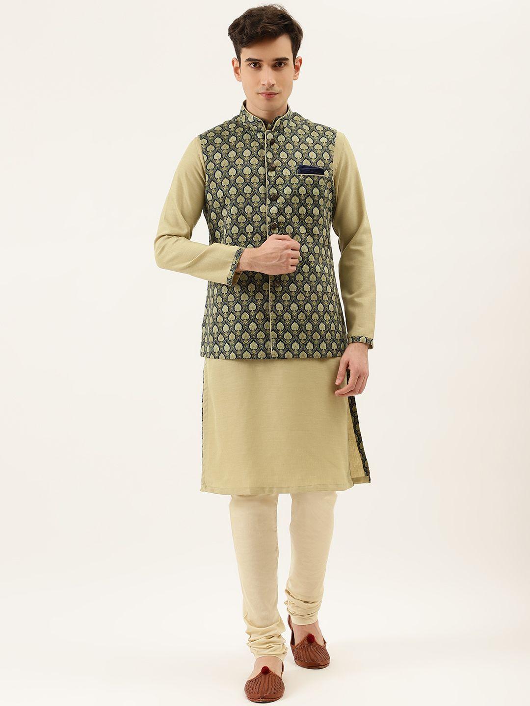 manyavar men beige solid kurta & churidar with nehru jacket