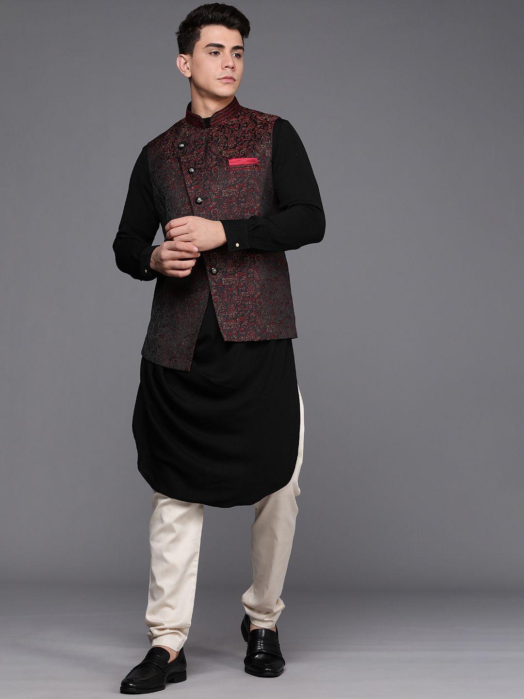 manyavar men black solid pleated kurta with pyjamas & ethnic motifs printed nehru jacket