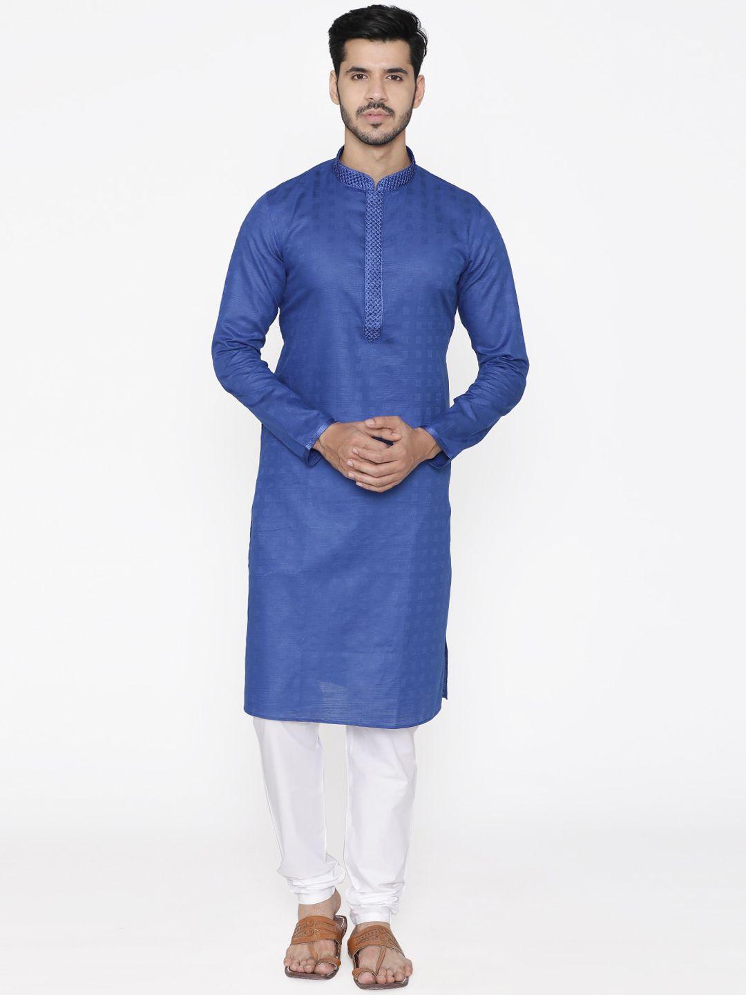 manyavar men blue & white self design kurta with churidar
