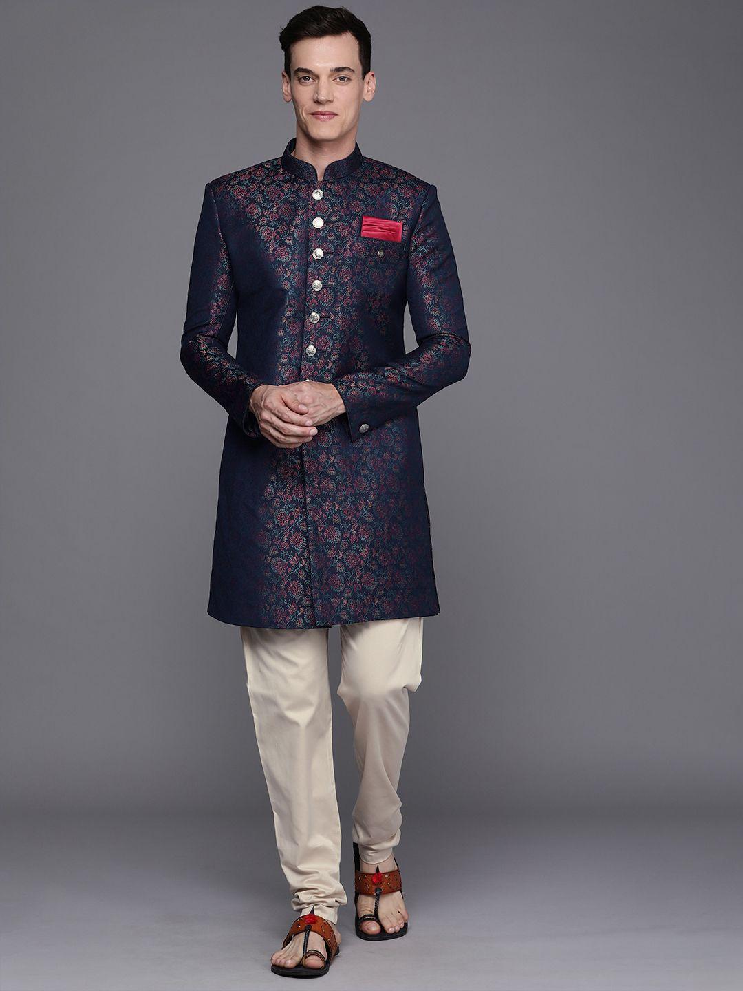 manyavar men blue printed brocade sherwani set