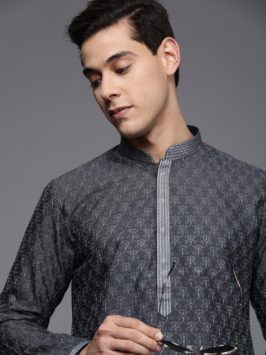 manyavar men charcoal black & white ethnic motifs woven design kurta with churidar