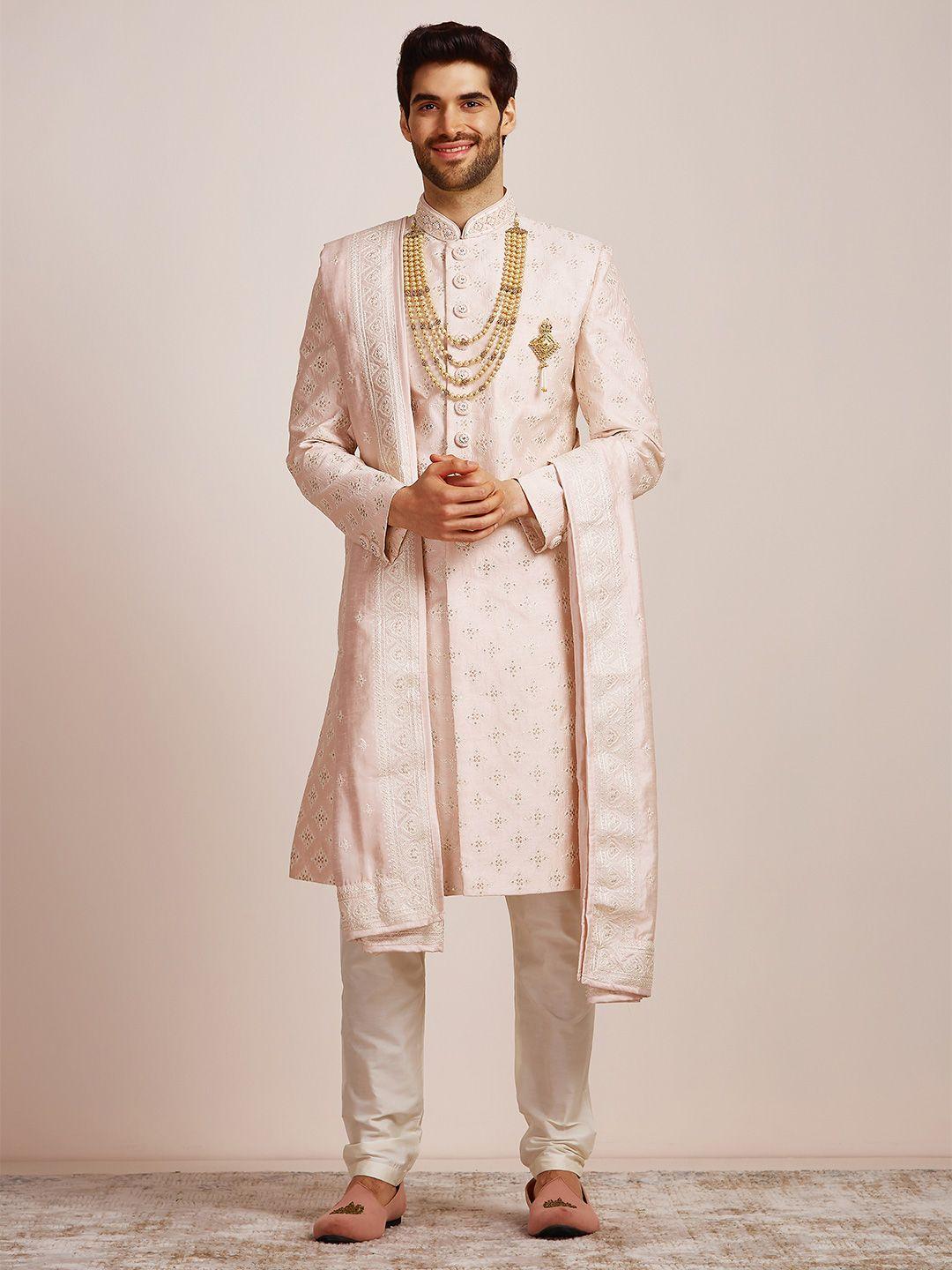 manyavar men embroidered art silk sherwani with churidar & dupatta