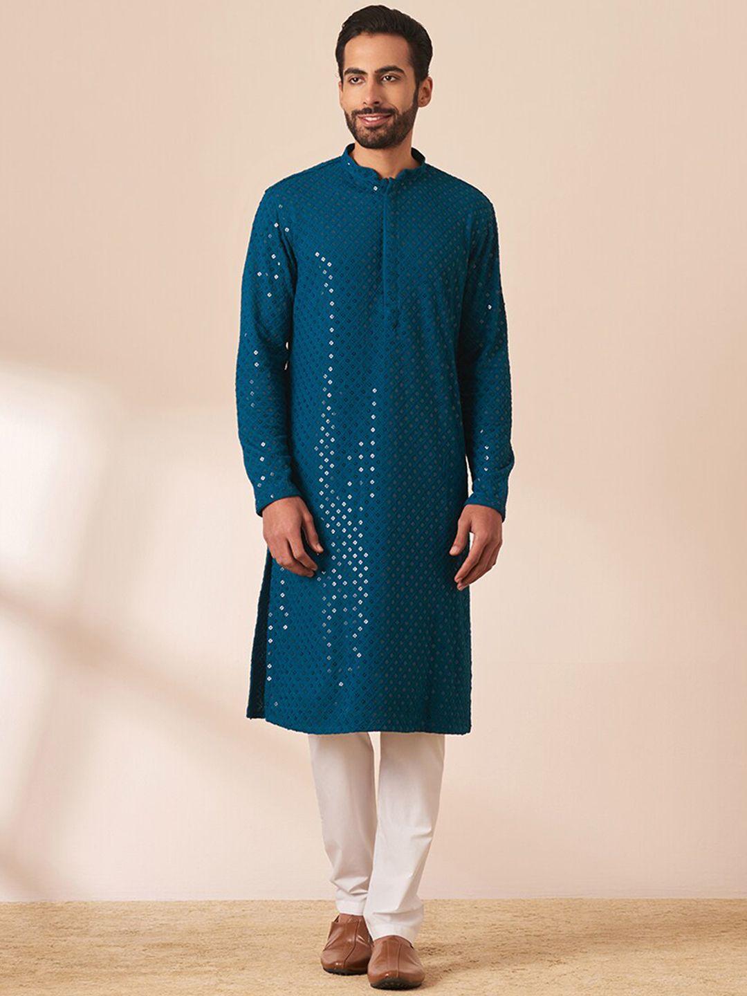 manyavar men geometric embroidered mandarin collar sequined kurta with pyjamas