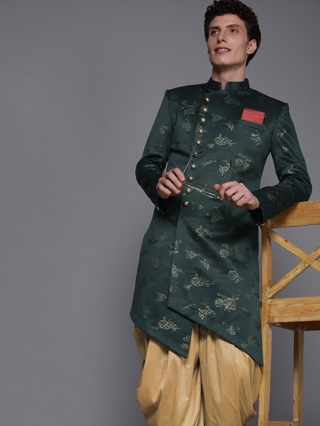 manyavar men green & beige floral printed sherwani and patiala set