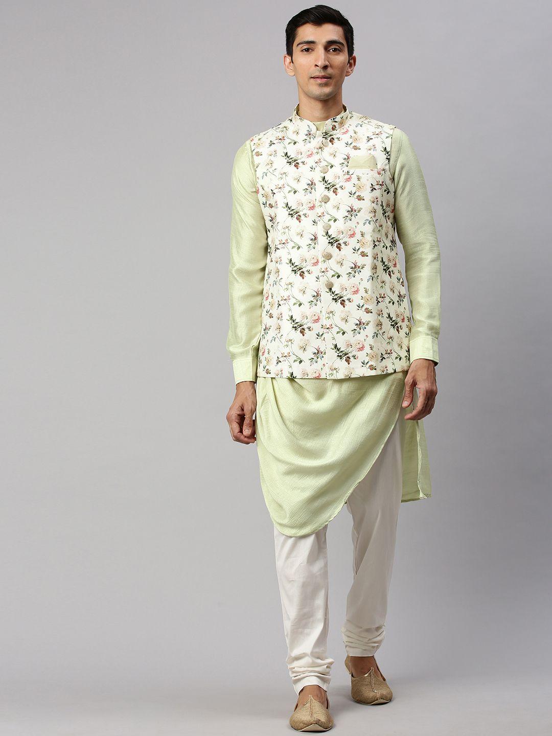 manyavar men green & multicoloured printed kurta & churidar with nehru jacket