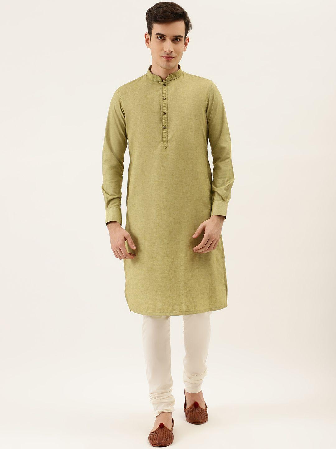 manyavar men green & white solid kurta with churidar