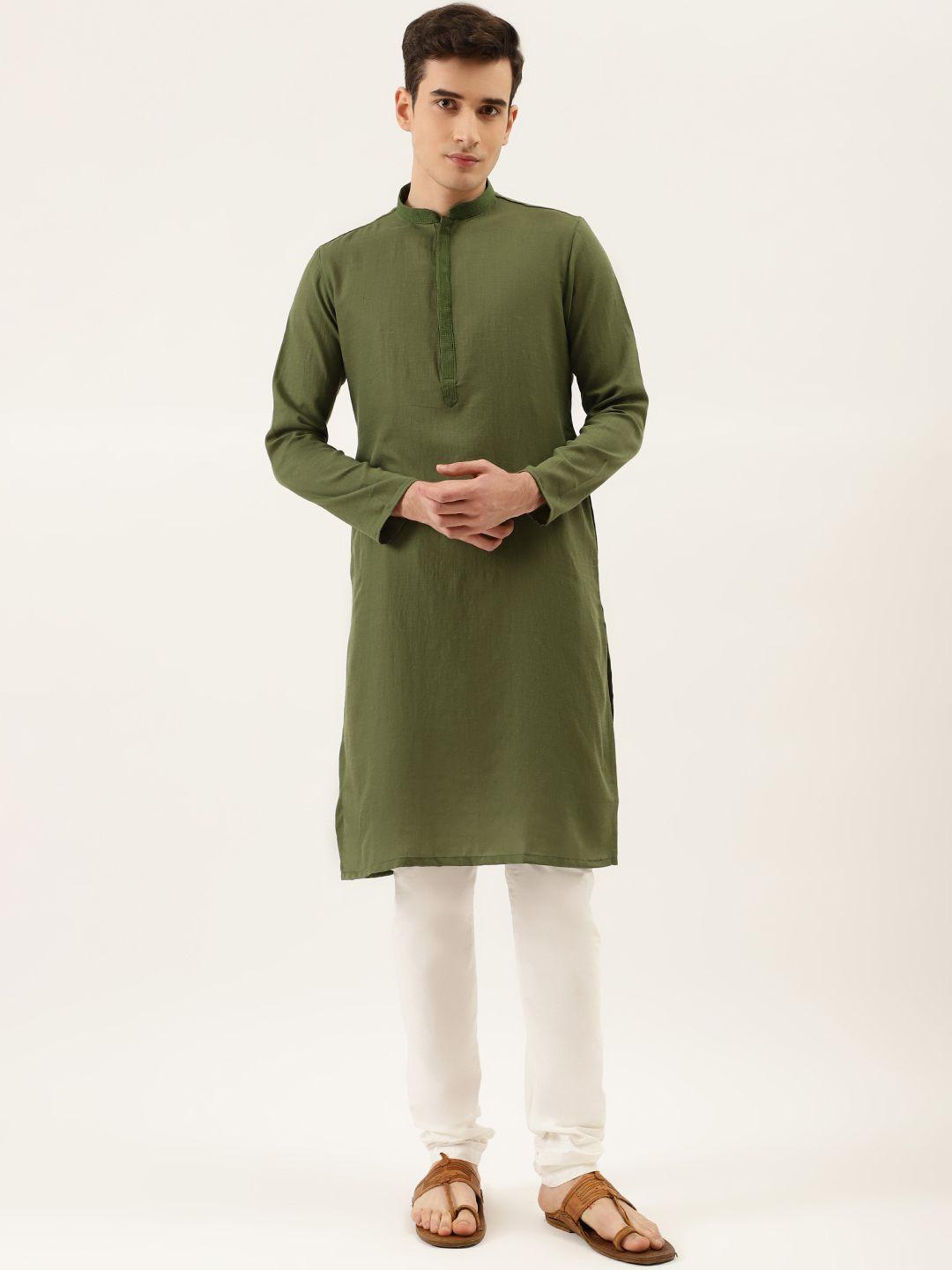 manyavar men green & white solid kurta with churidar