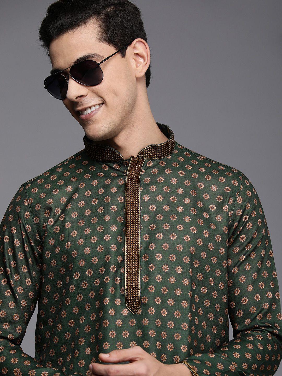 manyavar men green floral printed kurta with churidar